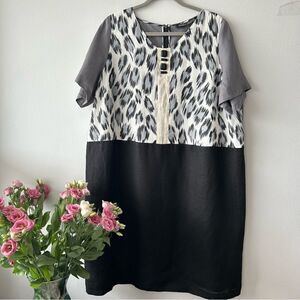 Marina Rinaldi Dumas Linen Leopard Print Short Sleeve Shift Dress